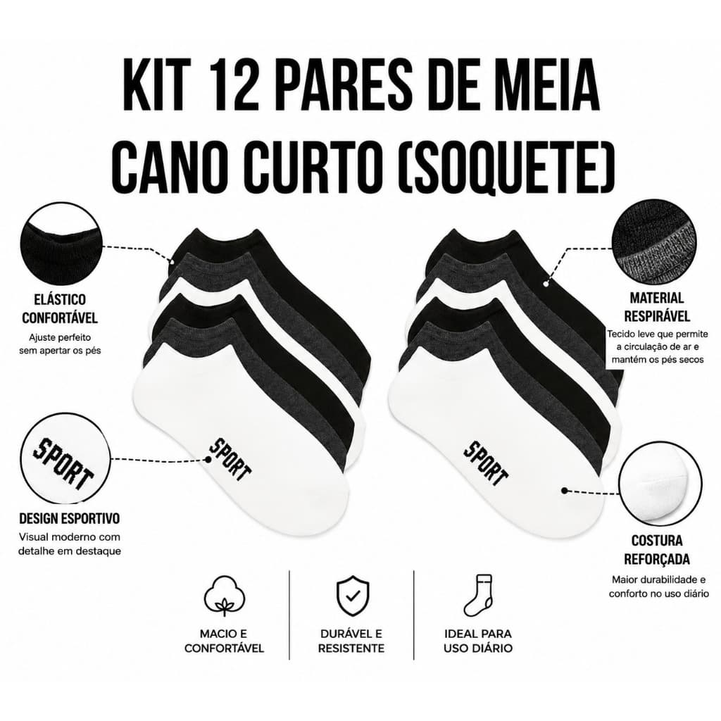 Kit 12 Pares de Meia Cano Curto Soquete Cano Baixo Sapatilha Invisível