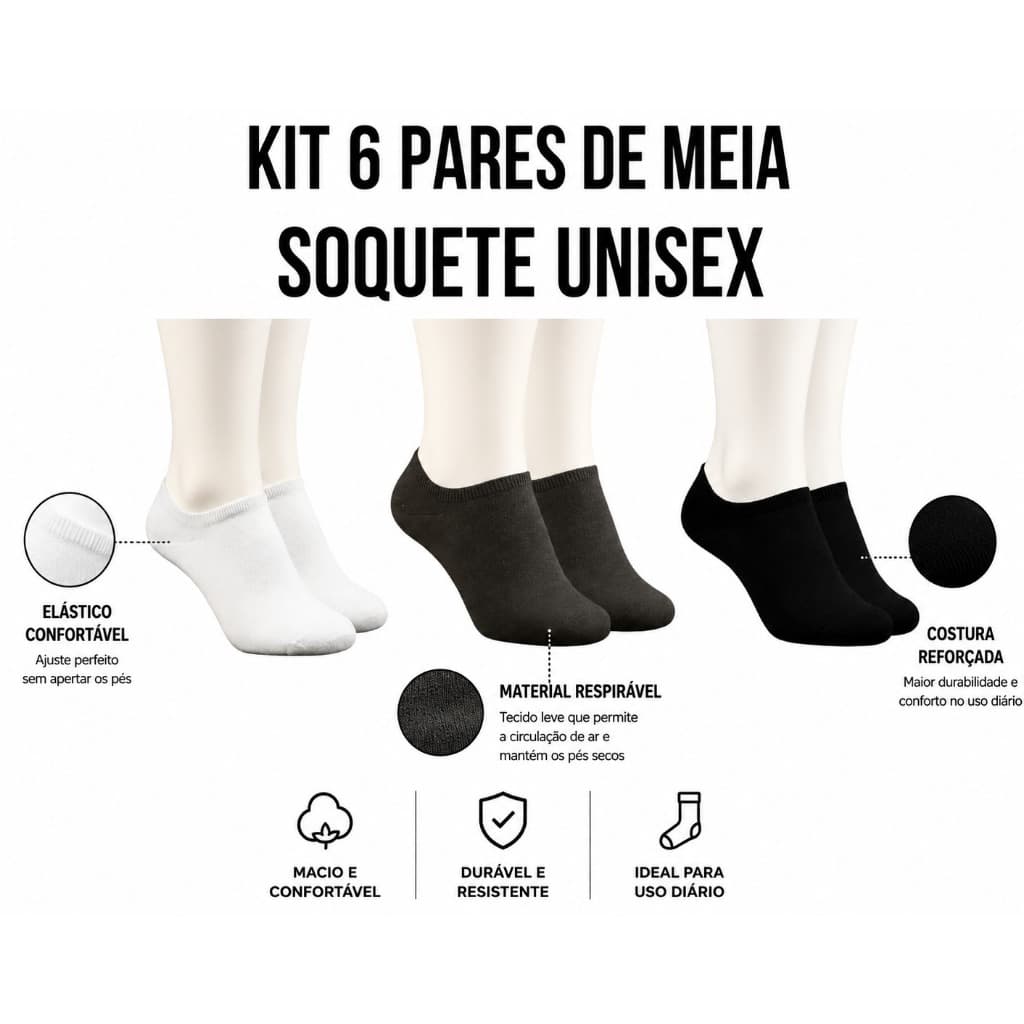Kit 6 Pares de Meia Soquete Cano Baixo Cano Curto Invisível Sport Original Unisex 35 - 40