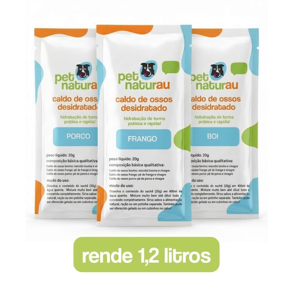 Kit Sachê de Caldo de ossos desidratado rende 1,2L para cães e gatos Frango, Suino e Bovino