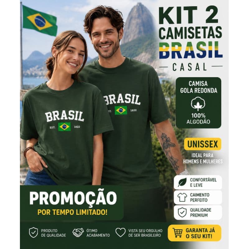 🥳🥳Kit 2 Camisetas Brasil Casal Unissex Gola Redonda Algodão Premium Promoção