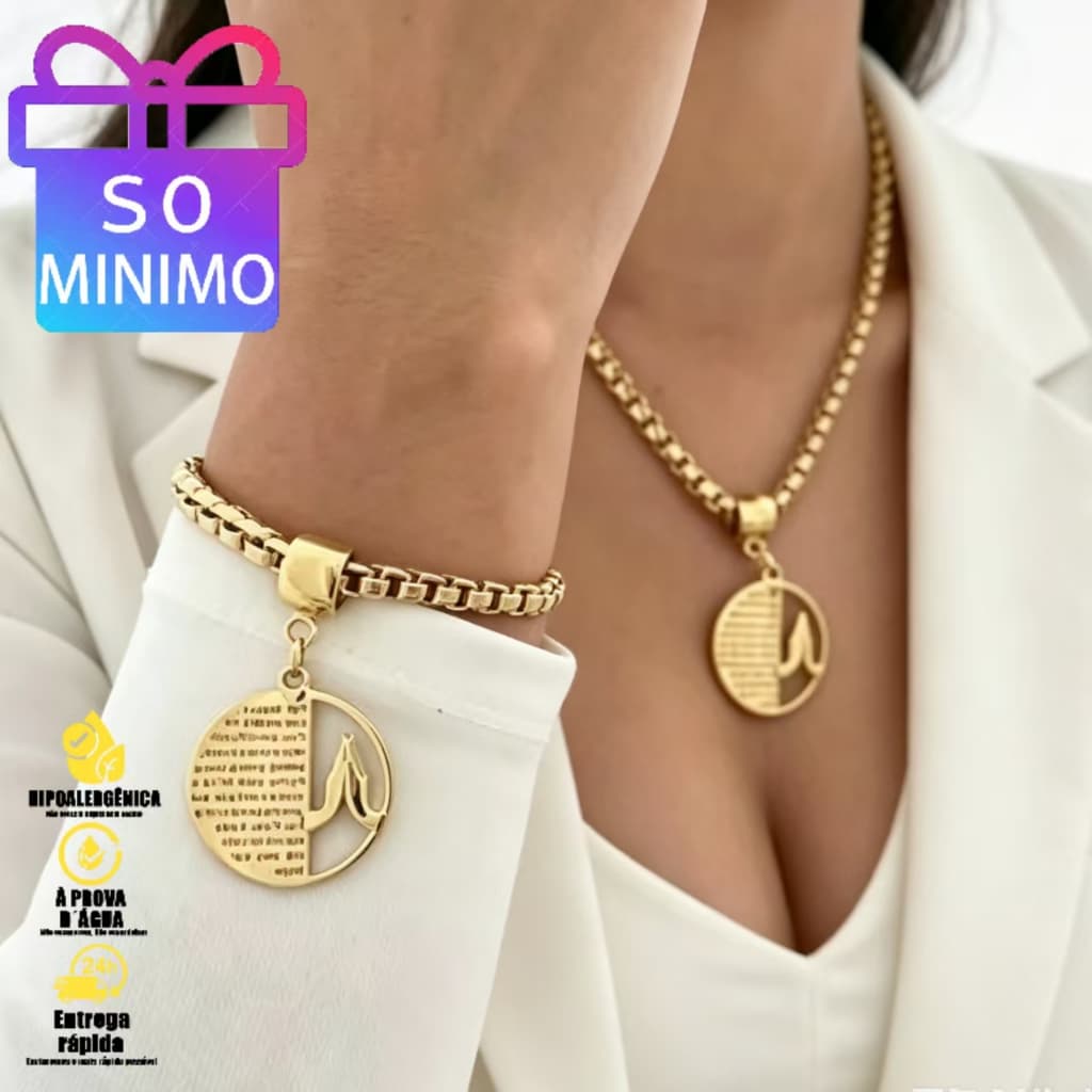 Conjunto Premium em Aço Inoxidável: Colar e Pulseira com Pingente Mãos em Oração