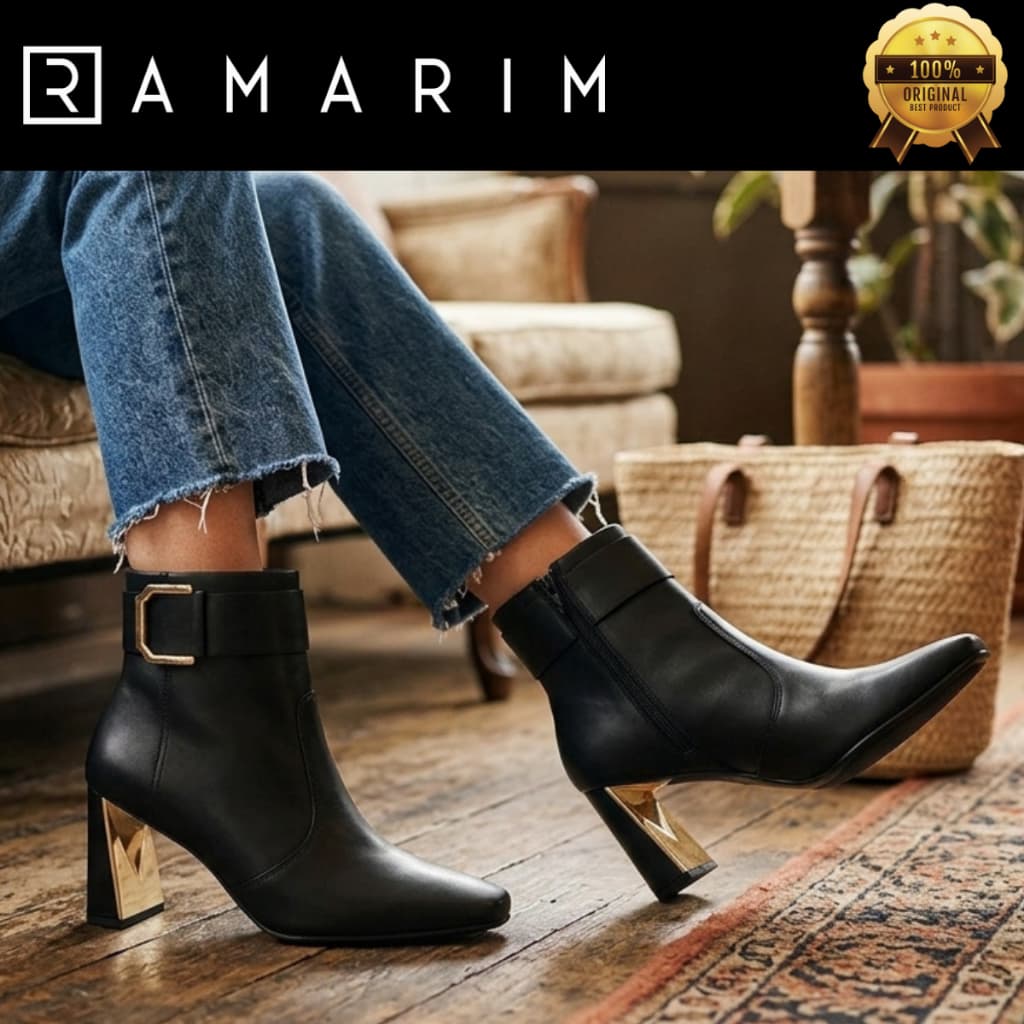 Bota Ramarim Feminina Salto Alto Geométrico Grosso Confortável Bico Fino Detalhe Metalizado 2560102 Original
