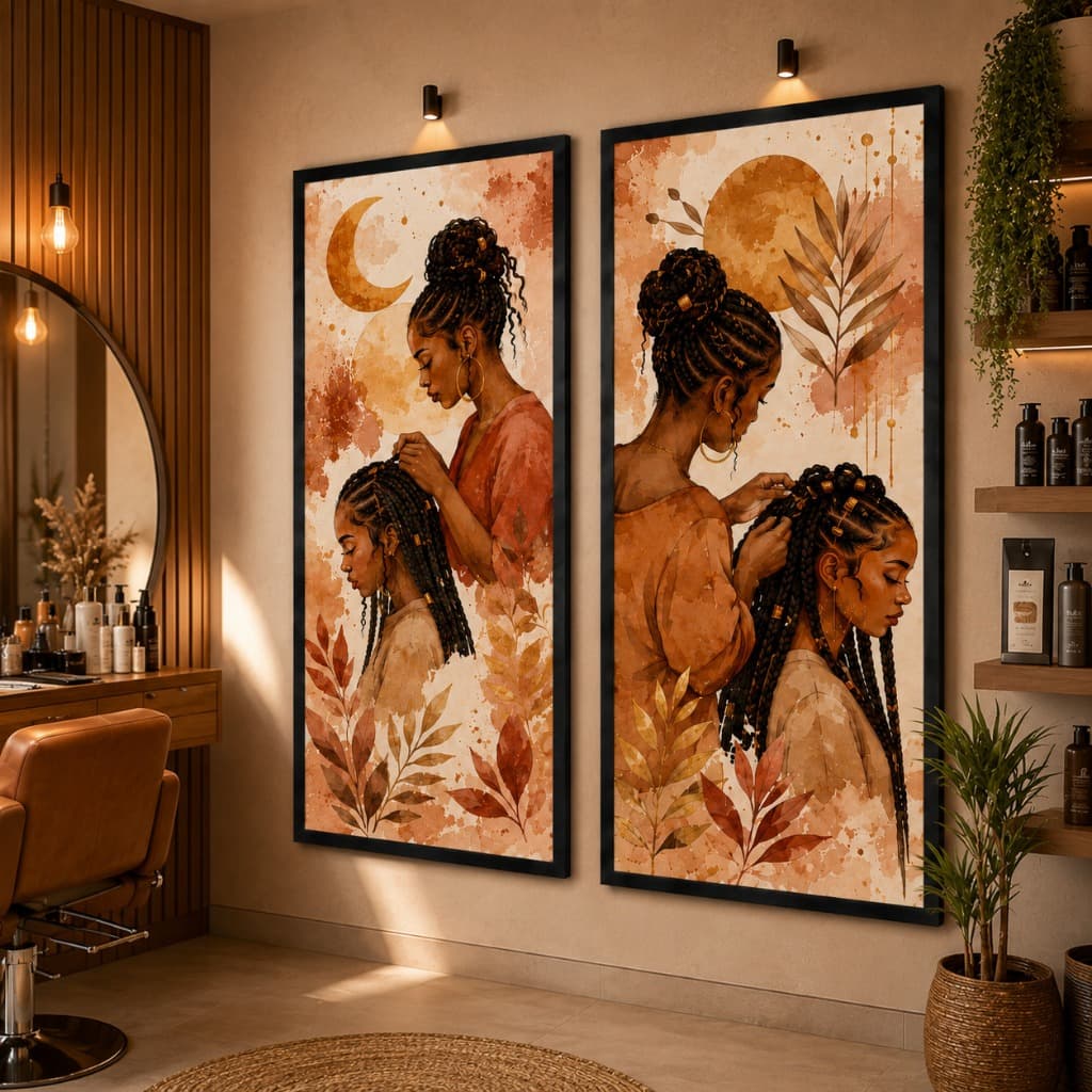 Quadros Decorativos Trancistas Afro Elegance – Conjunto Feminino Premium em Aquarela Boho Moderno