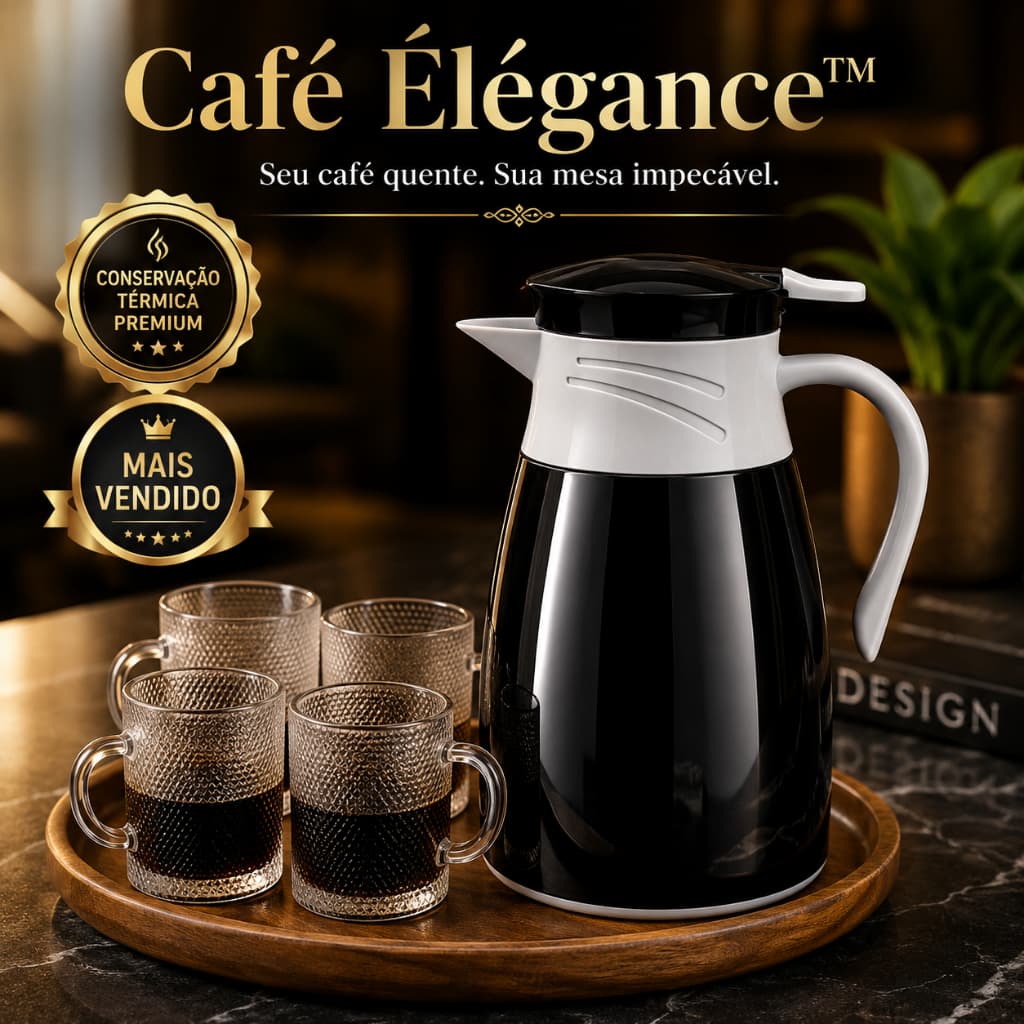 Garrafa Térmica Café Élégance 190ml com 4 Canecas de Vidro Conjunto Moderno Preto