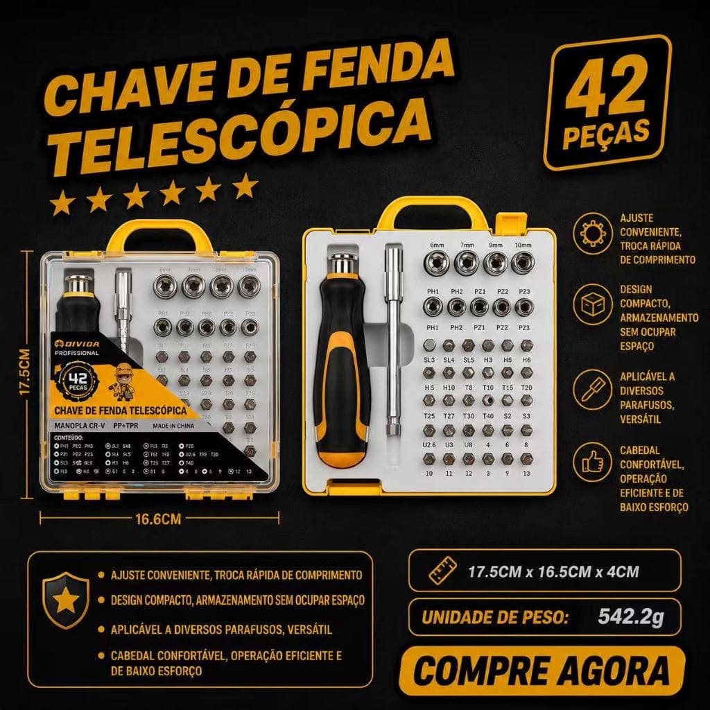 42 em 1 Chave de Fenda Multifuncional: Soquete Telescópico, Conjunto de Pontas Profissionais-OI5755