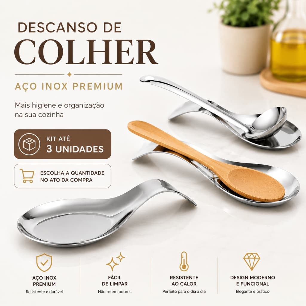 Conjunto 3 Descanso Suporte Apoio Para Colher Talheres Utensílios Bancada Cozinha Pia Em Aço Inox 20,5cm