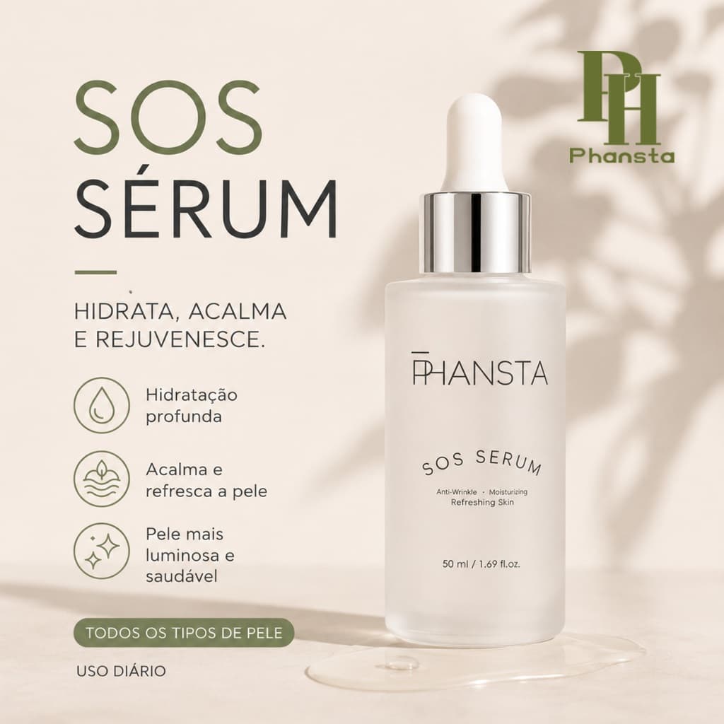 PHANSTA Sérum Hidratante Facial Ácido Hialurônico Efeito Glow Preenchedor 50ml