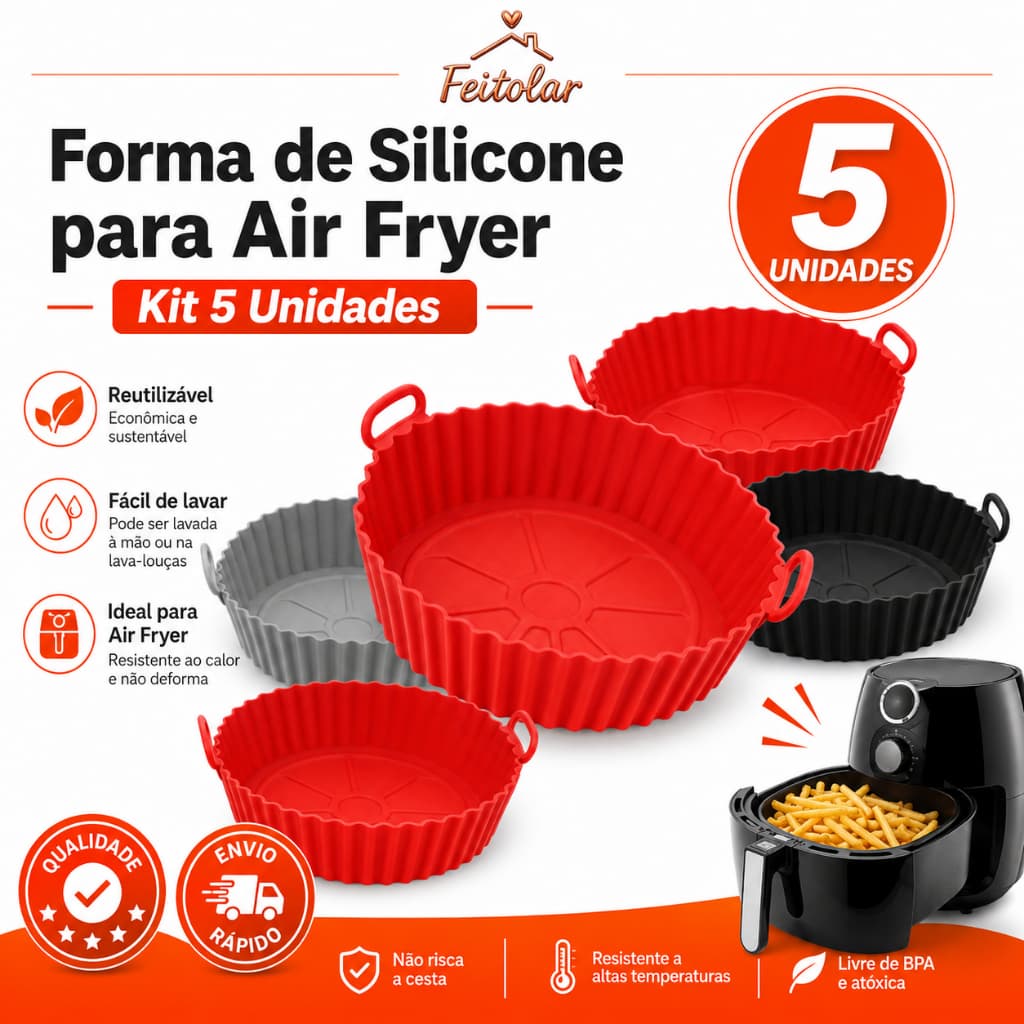 Kit 5 Unidades Forma de Silicone com Alça Para Airfryer Forno Resistente Lavável  Sem Sujeiras