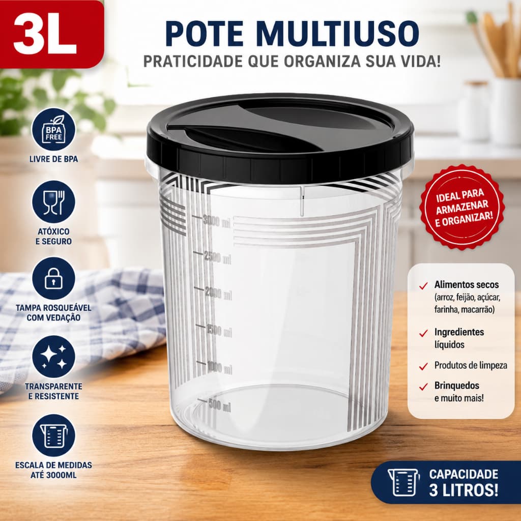 Pote Hermético 3L Transparente Com Tampa Rosqueável Organizador Mantimentos Cozinha