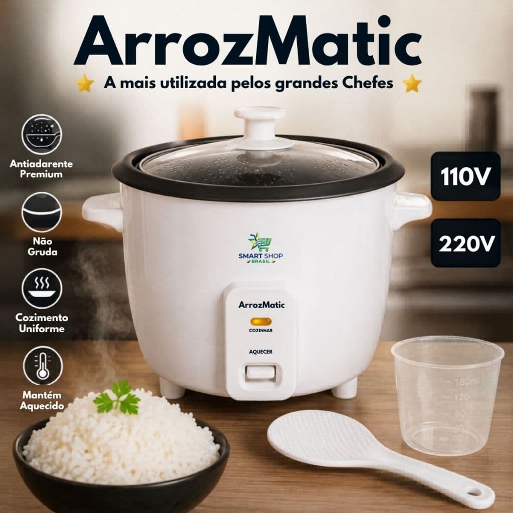 Panela Eletrica Arroz Bivolt Antiaderente Importada 110/220V 1,3L Branca Eficiente