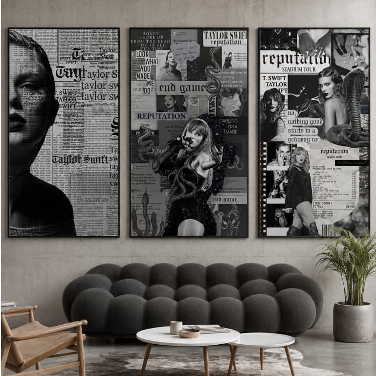 Kit Quadro Decorativo 3 Peças Taylor Swift Reputation Álbum Música Cantora Fã Sala Quarto