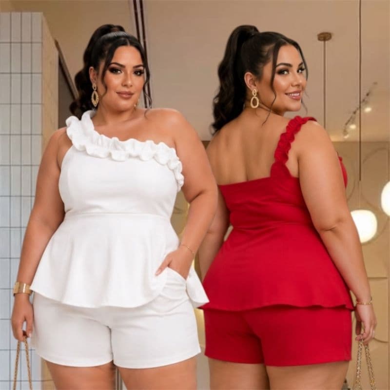 Conjunto Feminino Plus Size Estilo Batinha Ombro Único Tam único 44 ao 48