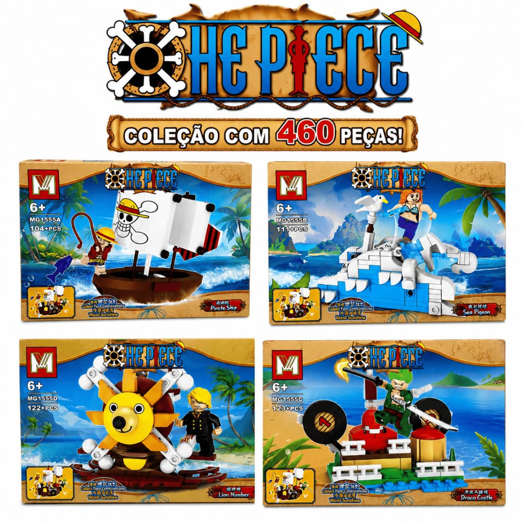 Kit Coleção Blocos de Montar Pirata 460 Peças Inspirado em One Piece 4 Modelos Navio Personagens Infantil