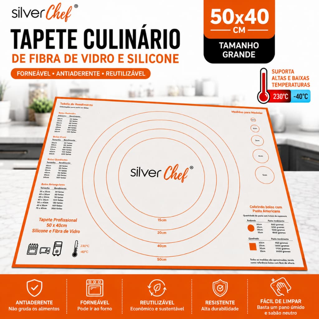 Tapete Culinário Forneável 50x40 Silicone e Fibra de Vidro Ultra Resistente Antiaderente Grande