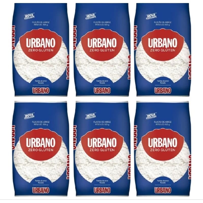 Kit 6 Pacotes de Flocão de Arroz Urbano 500g Cada Farrinha de Arroz Flocada