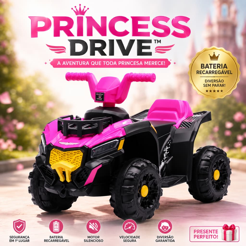 Quadriciclo Elétrico Infantil Rosa Princess Drive Bateria Recarregável Velocidade Segura