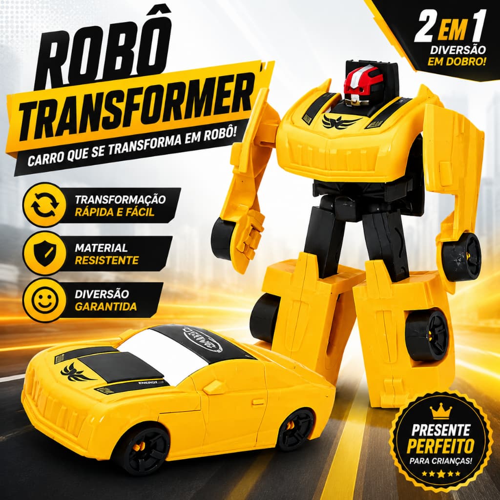 Robô Transformável 2 em 1 Carro Vira Robô Amarelo Infantil +3 Anos Brinquedo Articulado