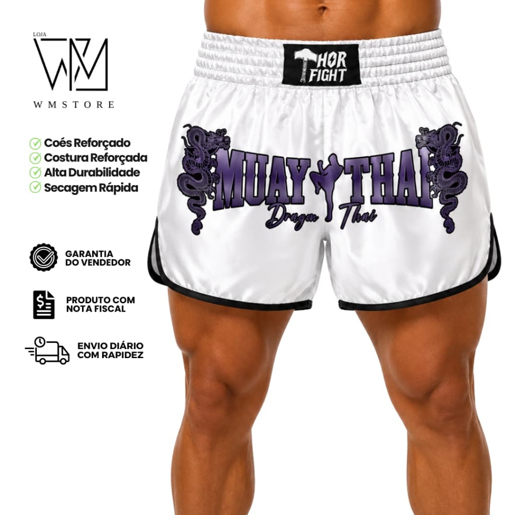 Short Muay Thai Unissex Dragon Thai Branco Roxo Premium Kickboxing