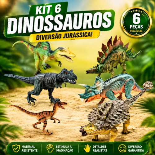 Kit 6 Dinossauros de Borracha Grande Brinquedo Infantil Presente Educativo Coleção Completa Crianças