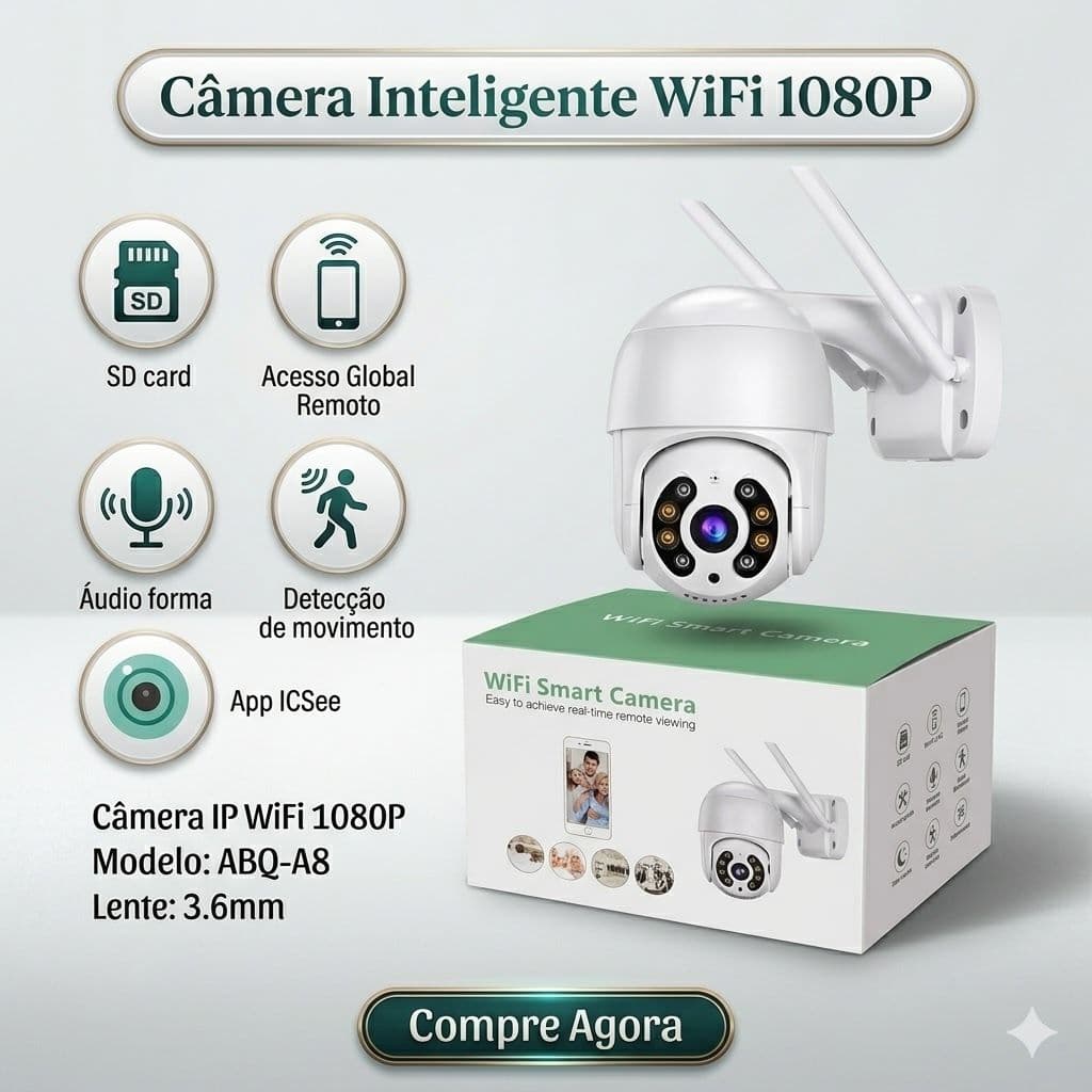 Câmera WiFi Externa IPA8 1080p  360° PTZ Visão Noturna Áudio Bidirecional App iCSEE Suporte para cartão TF até 128g.