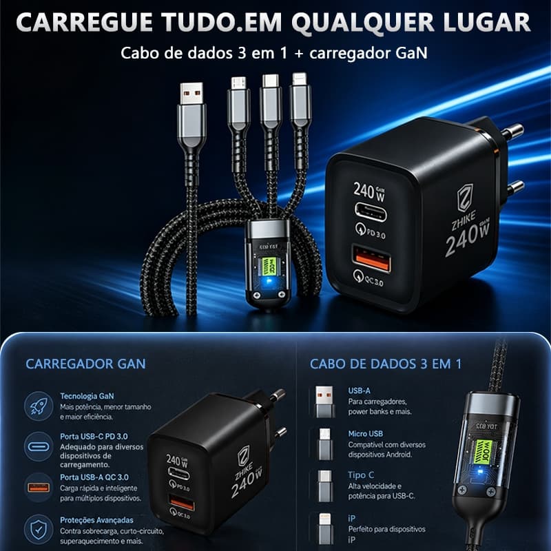 Cabo Carregador 3 em 1 Punk Mecânico Transparente Tipo C Micro USB iP com GaN Adaptador Carregamento Rápido 1.2M