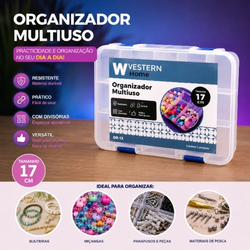 Organizador Multiuso 17cm com Divisórias Ajustáveis | Caixa Organizadora para Miçangas, Bijuterias e Ferramentas