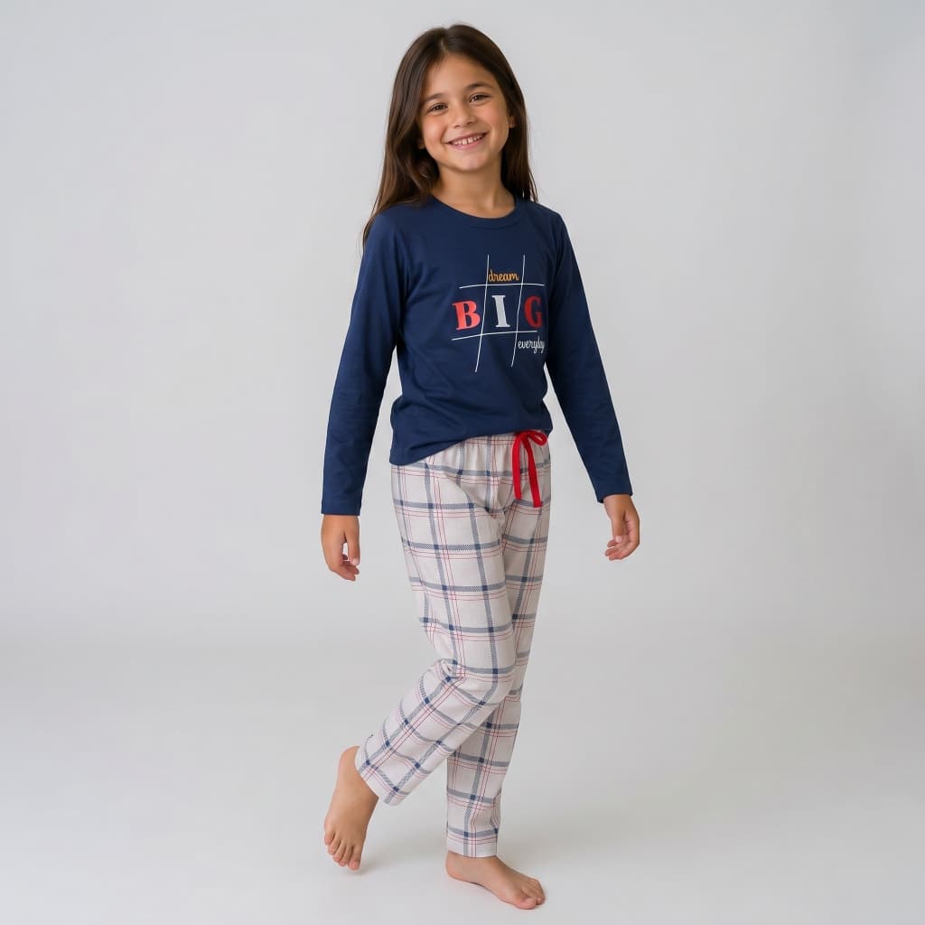 Pijama Feminino Infantil Inverno Xadrez Manga e Calça Comprida Inverno Malha Leve e Confortável