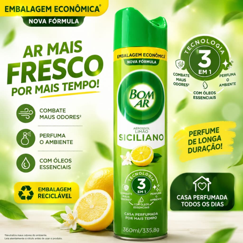 Bom Ar Aerossol Limão Siciliano 360ml Aromatizador de Ambiente Elimina Odores