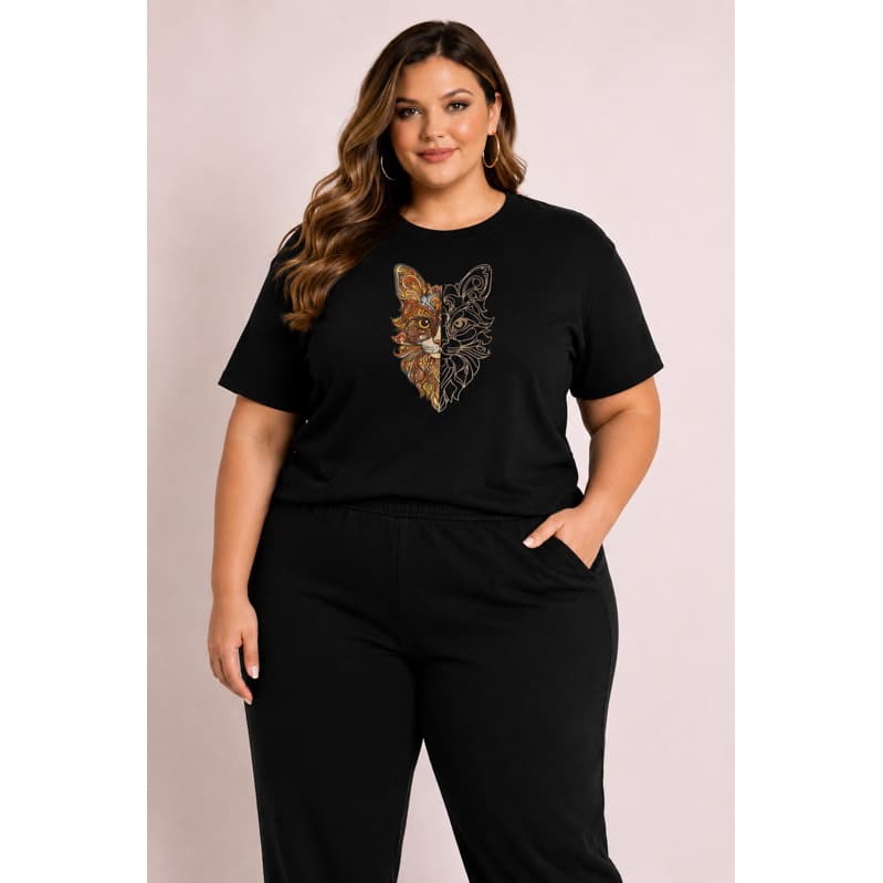 Camiseta Plus Size Feminina Lobo Tribal Estampado Preta do P ao G3