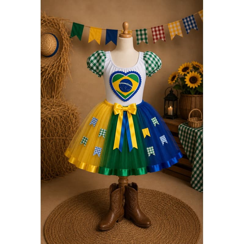 Fantasia de quadrilha festa junina Brasil vestido São João copa verde amarelo
