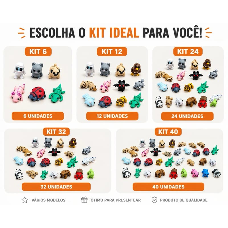 Kits Sortidos - Mini Animais Flexíveis Mexe-Mexe - Kits 6/12/24/32 UN Bixinhos Fidget Lembrancinha