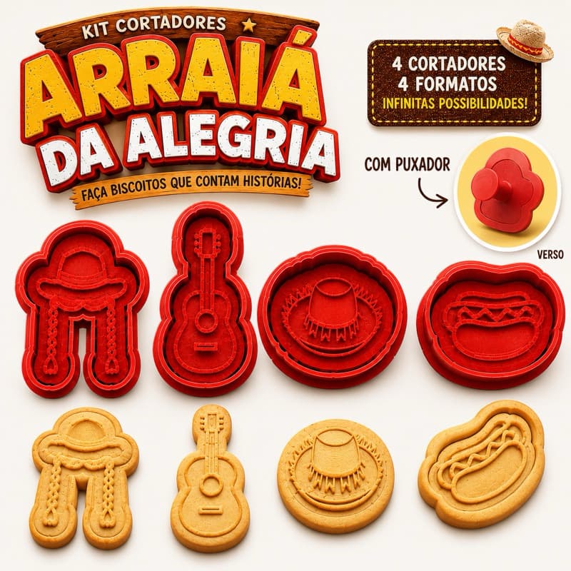 Kit Cortador de Biscoito Festa Junina 3D com Carimbo 4 Peças para Biscoitos Decorados São João Confeitaria | molde