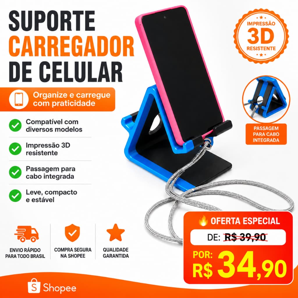 Suporte Carregador de Celular Mesa Universal Organizador de Cabo Impressão 3D