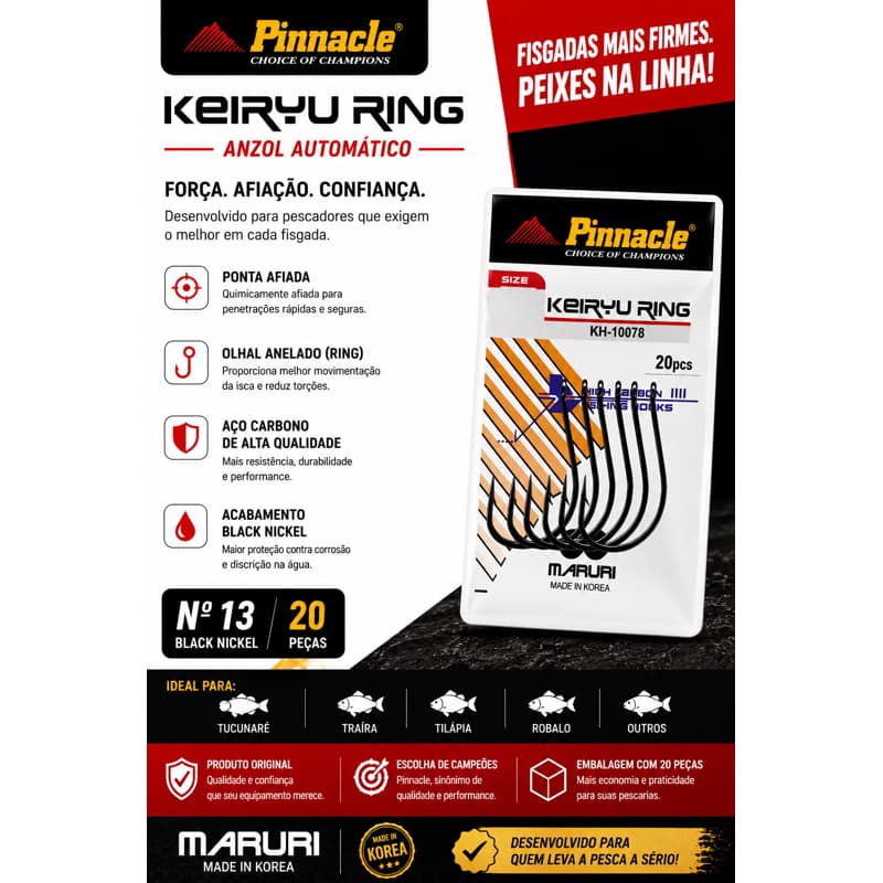 🎣 ANZOL AUTOMÁTICO PINNACLE KEIRYU RING Nº13 BLACK NICKEL – MARURI | CARTELA COM 20 PEÇAS