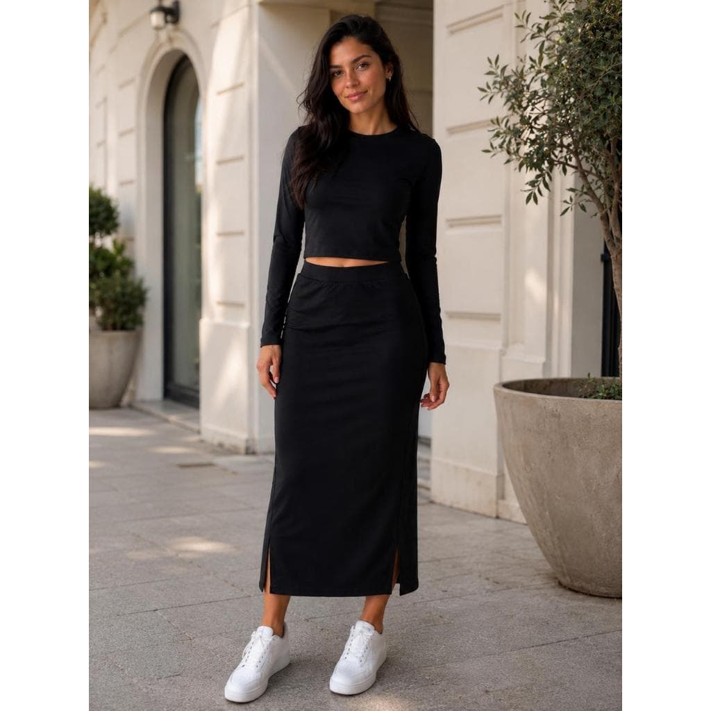 Conjunto Saia Midi Fenda lateral com Cropped Manga Longa