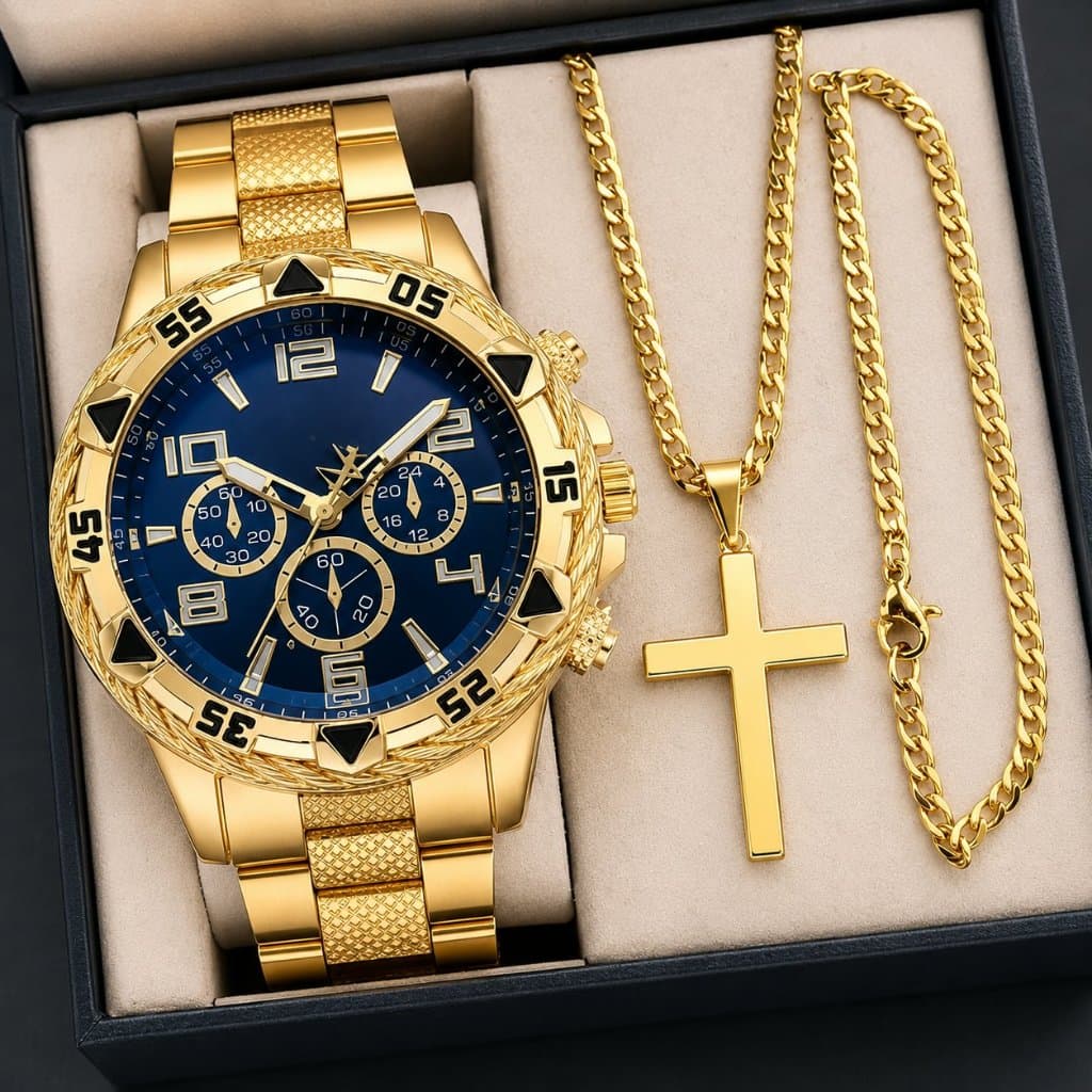 Kit Relógio Masculino Luxo Dourado Aço Inox com Corrente Cruz e Pulseira Ajustável