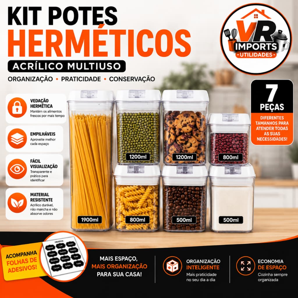 Kit Organizador Herméticos Acrílico Tampa Vedação Multiuso 7 Pecas Armazenamento Organizado Cozinha
