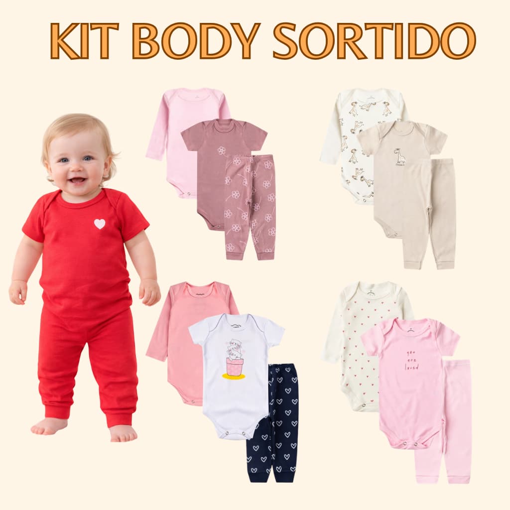KIT 2 CONJUNTOS 6 PEÇAS BEBÊ MENINA 4 BODY E 2 CALÇA SUEDINE