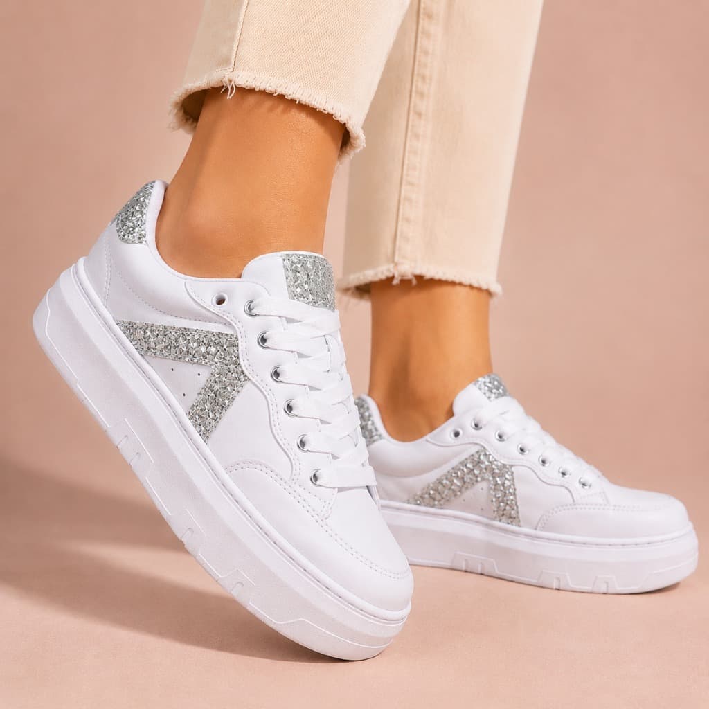 Tênis Feminino Plataforma Sneaker Branco Strass Casual Leve Dia A Dia Estiloso