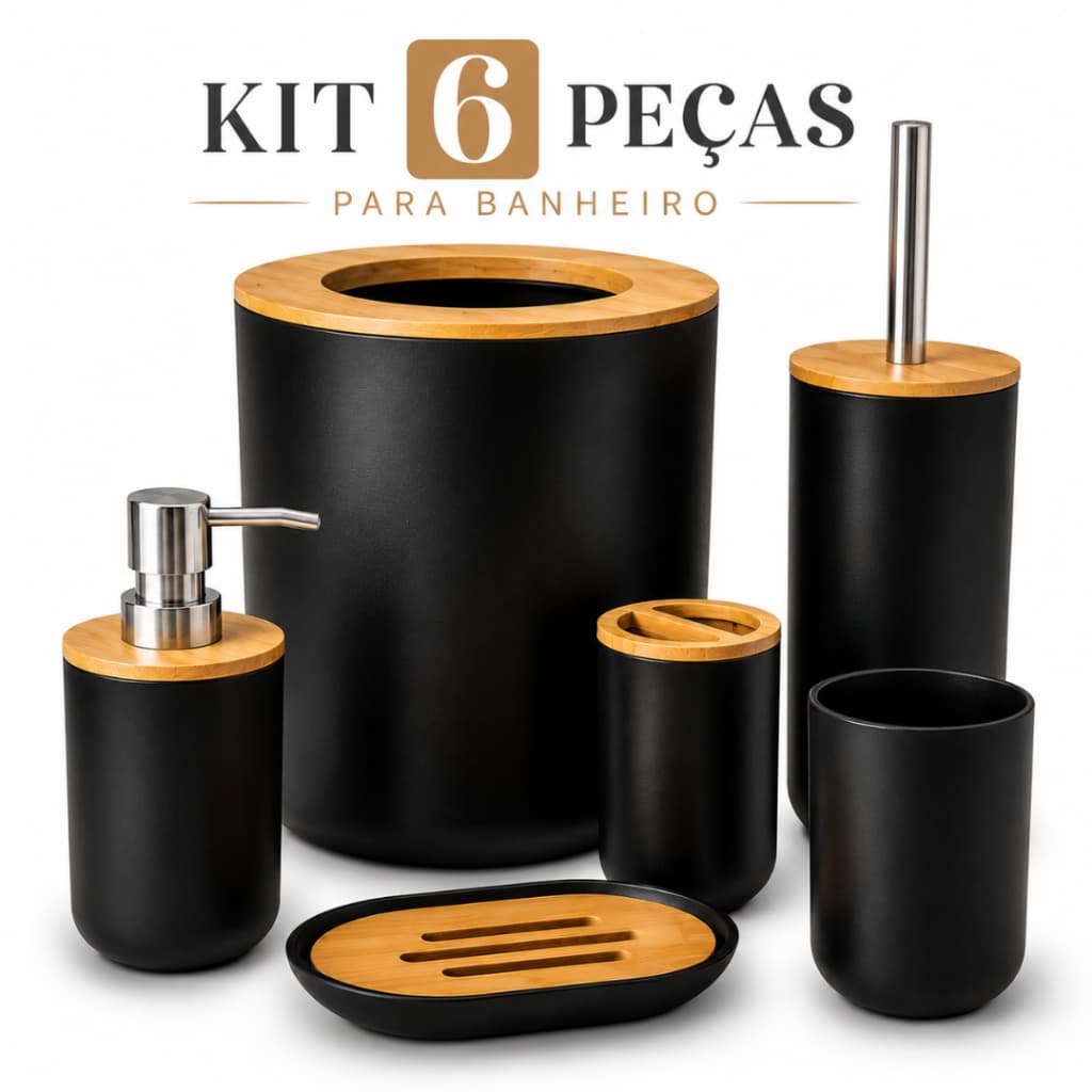 Kit Banheiro com 6 Peças Bambu Lavabo Luxuoso Completo Conjunto Lixeira Escova Sanitaria Saboneteira