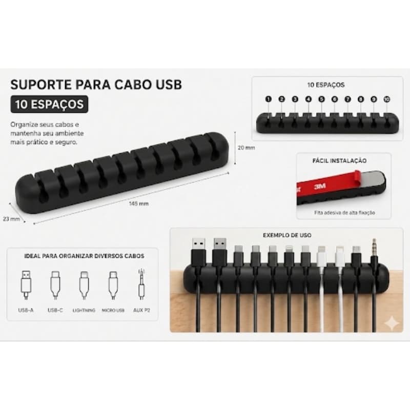 Clipe de mesa organizador de cabos gerenciamento de cabos suporte cabo usb para 10 cabos