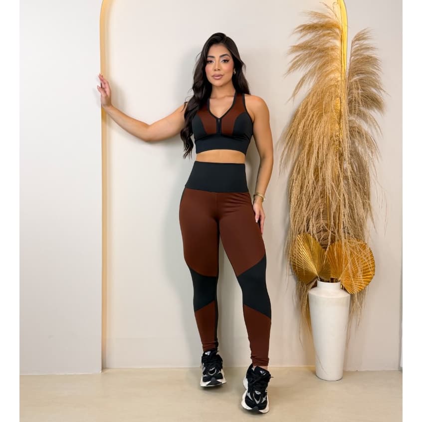 Conjunto Fitness Feminino Top Nadador Alta Sustentação + Calça Legging Cós Alto  Zero Transparência