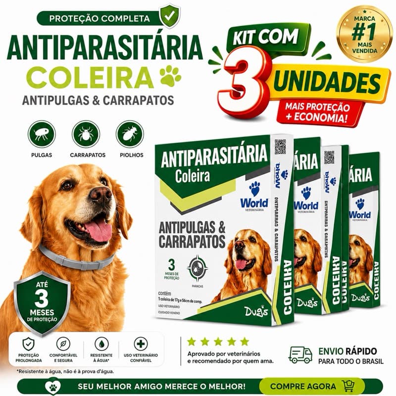 3 unidades Coleiras Dug's Antipulgas E Carrapatos Dug's World