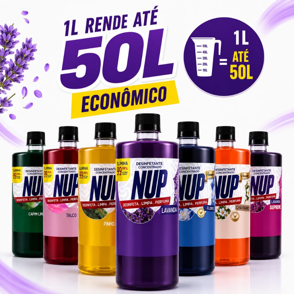Desinfetante Concentrado Antibacteriano NUP 1L Rende Até 50L Alta Diluição 7 Fragrâncias