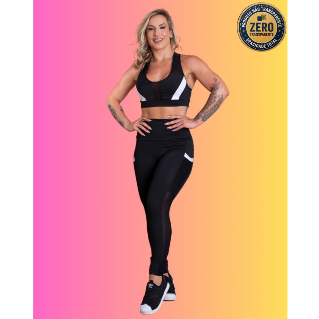 Conjunto Fitness Feminino Calça Legging Cintura Alta Com Bolso Lateral E Top Nadador Tela Frontal Academia RIQ Modas