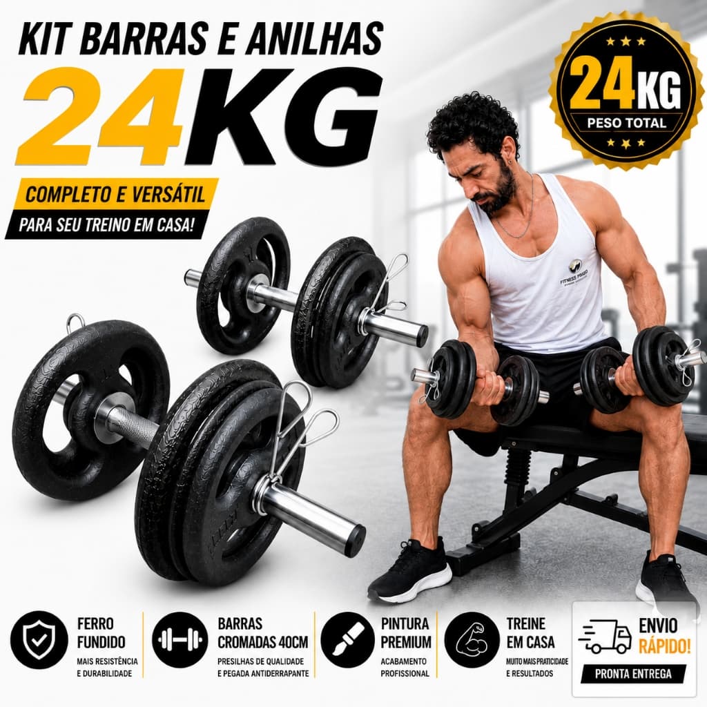 2 Barras de 40cm Oca CROMADA + 24kg de Anilhas Halteres para Musculação - FITNESS PRADO