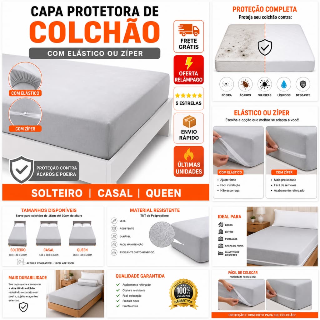 Capa para Colchão Solteiro Casal Queen com Elástico Ou Zíper Protetora Anti Ácaro Poeira TNT Resistente Protetor