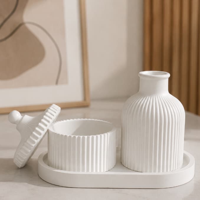 Kit Decorativo de Gesso com Bandeja, Vaso e Porta-Joias | Organizador para Quarto, Banheiro e Penteadeira, Presente