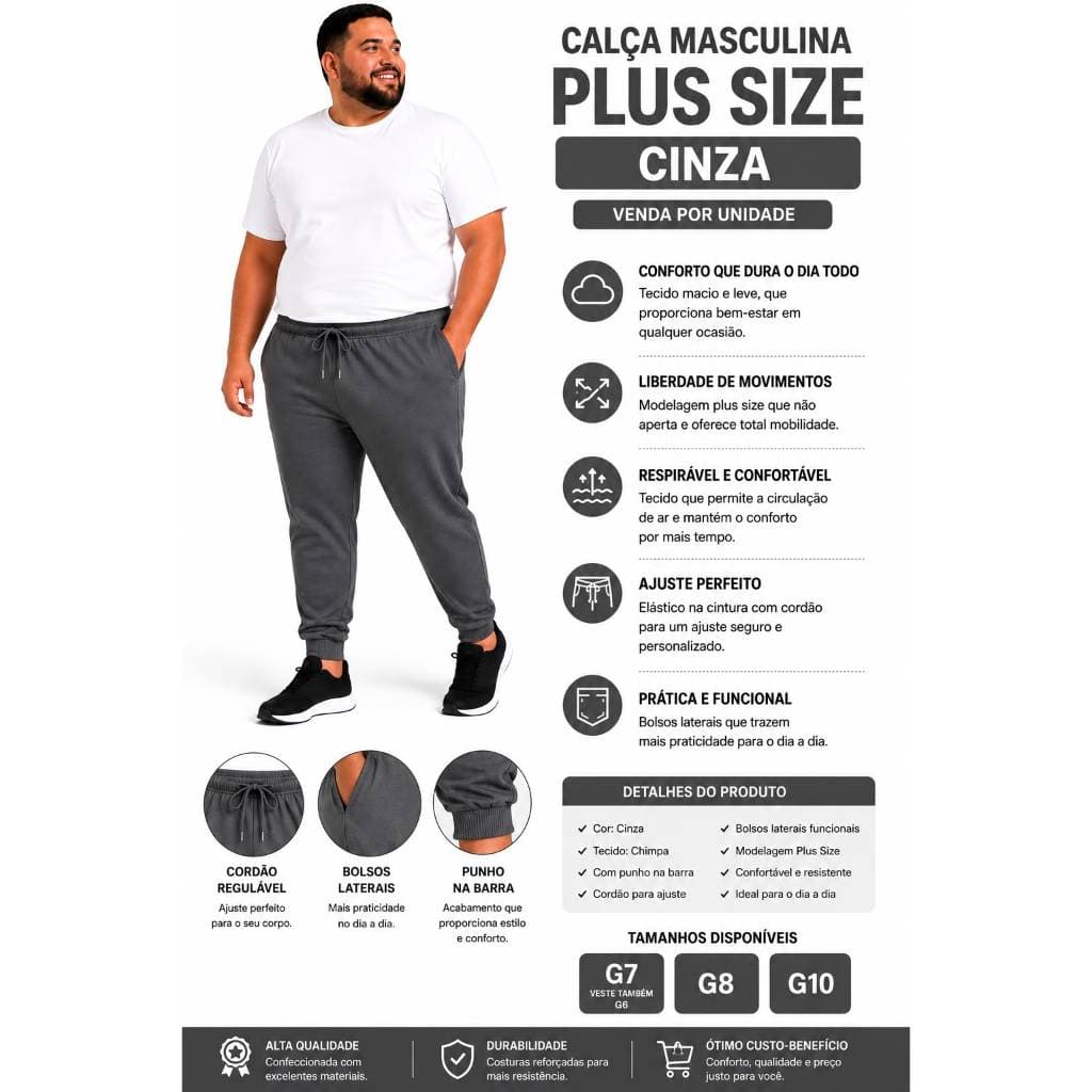Calça Masculina Plus Size Cinza G7 ao G10 Com Punho e Cordão