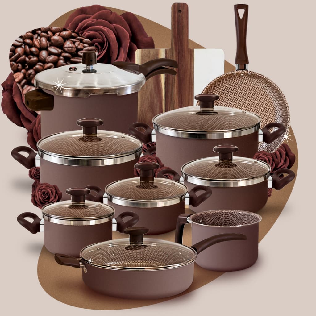 Jogo Panelas Mocha Mousse Antiaderente & Pressão 4,5l + Frigideiras + Tábua Mármol 10 Peças